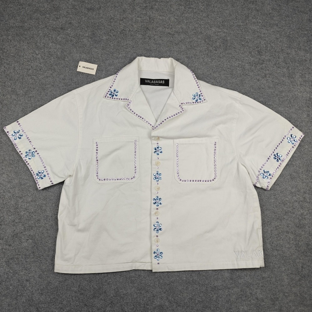 Valabasas Shirt Mens Medium White Rhinestone Short Sleeve Button Up Casual